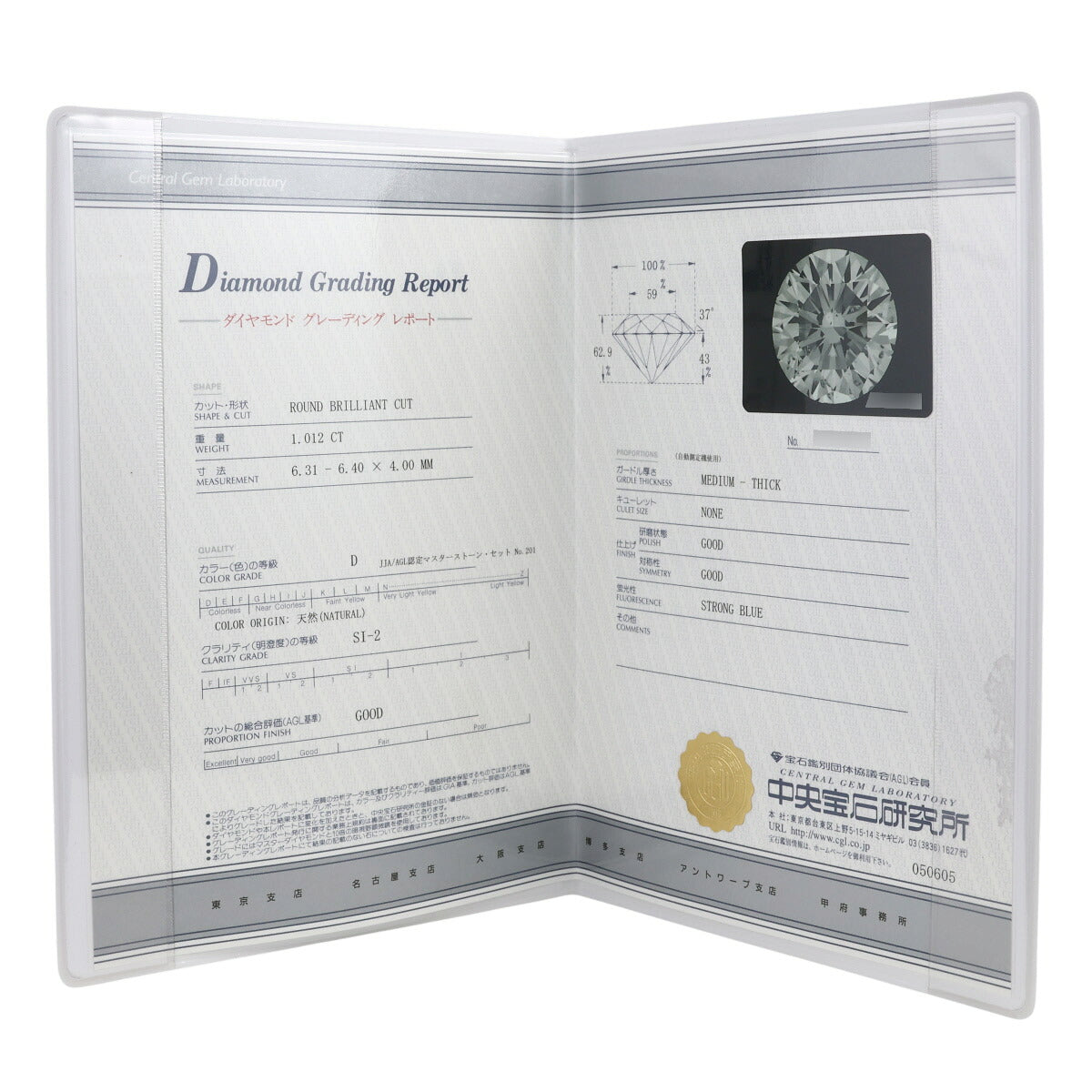 D-SI2-GOOD 1粒ダイヤモンド 1.012ct ネックレス Pt900 Pt850 鑑定書付 J2059