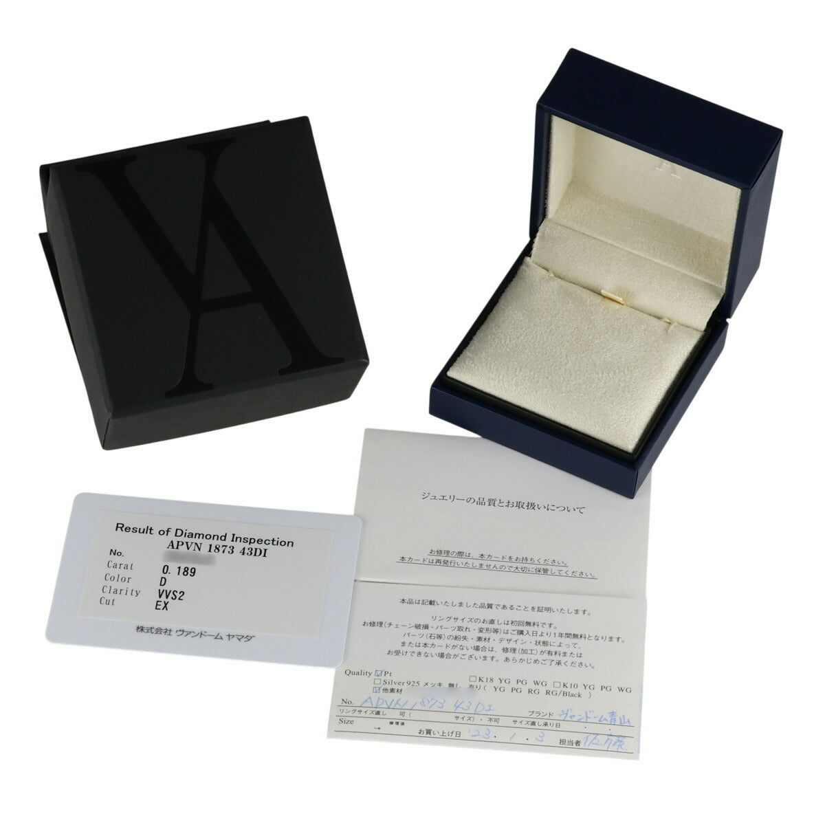 ヴァンドーム青山 D-VVS2-EX ダイヤモンド 0.189ct 0.06ct グレース ネックレス Pt950 箱・保付 J0615